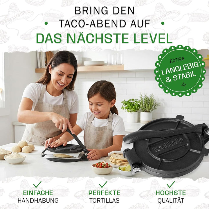 Tortillada - Tortilla Presse/Quesadilla, Roti Maker aus Gusseisen mit Rezepten (20cm) inkl. E-Book m