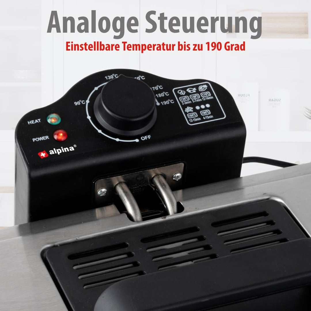 alpina Fritteuse - 3 Körbe - 5 Liter - 2000 Watt - Thermostat bis 190 °C - Anti-Heizung - Edelstahl