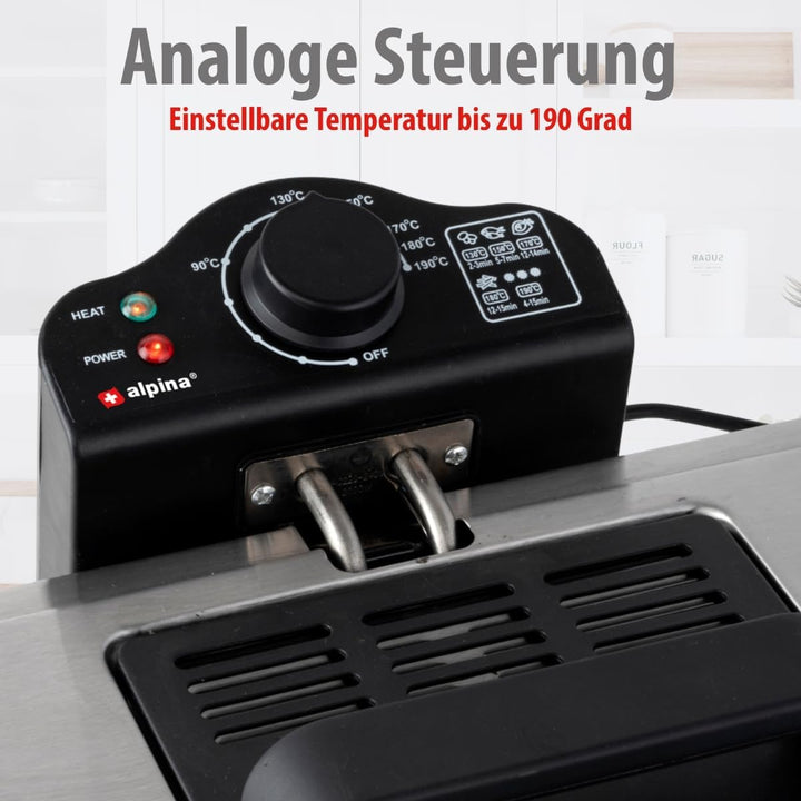 alpina Fritteuse - 3 Körbe - 5 Liter - 2000 Watt - Thermostat bis 190 °C - Anti-Heizung - Edelstahl