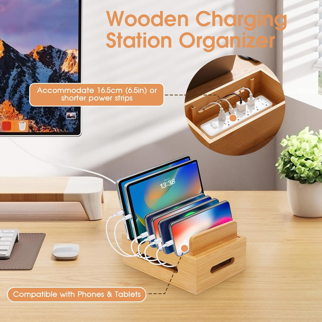 Ladestation aus Holz für Mehrere Geräte, Handy-Dock Tragbarer Tablethalter Handystation Telefonhalte