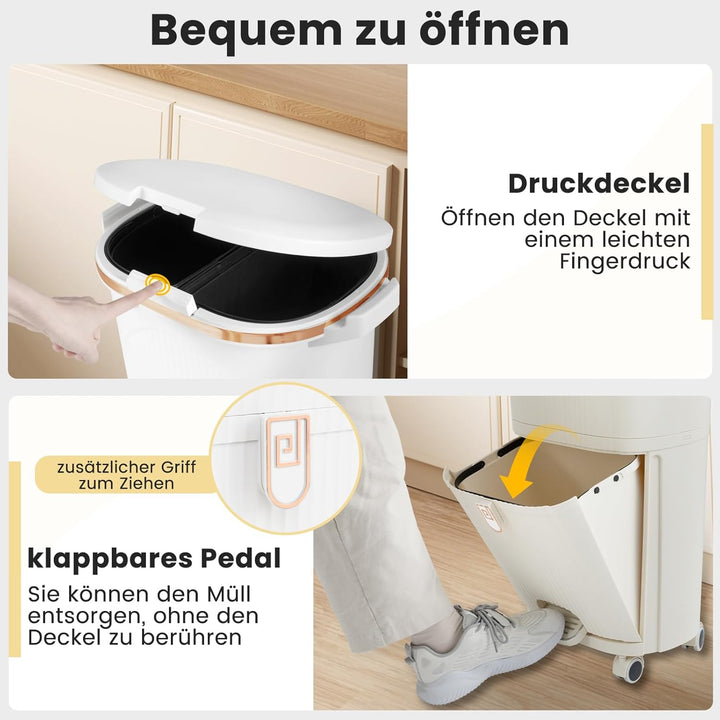 COSTWAY Mülleimer Küche, Mülltrennsystem 3 Fächer, 2 x 12L Inneneimer & 14L Treteimer, Abfalleimer m