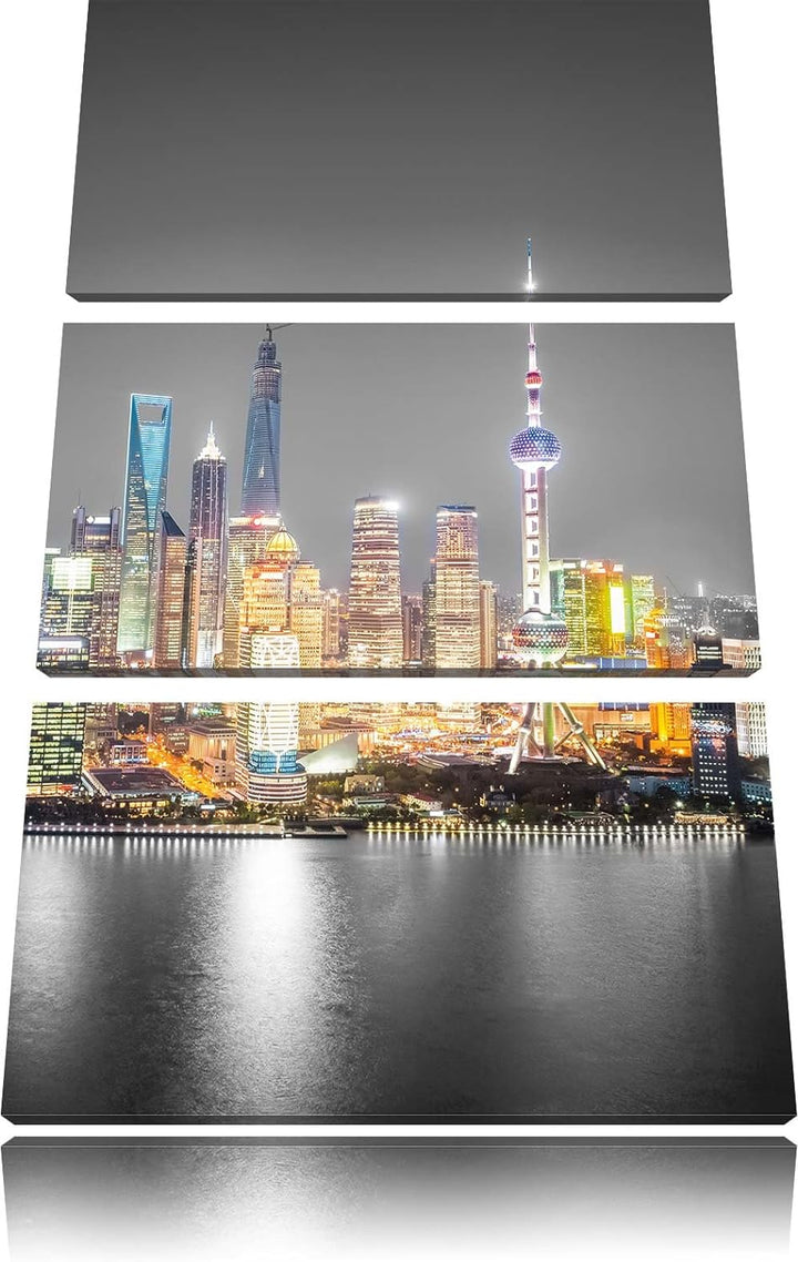 Pixxprint Shanghai Skyline bei Nacht als Leinwandbild/Grösse: 3 Teilig (120x80 cm) cm/Wandbild/Kunst