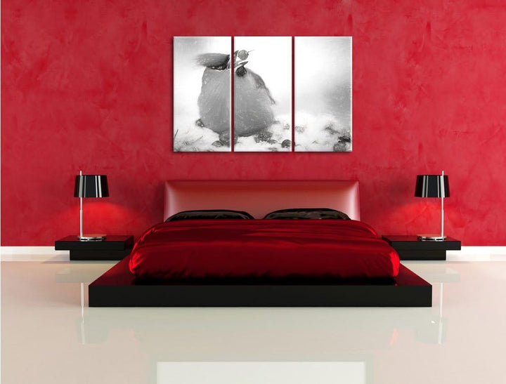 Pixxprint Kleiner Vogel im Schnee Kohle Zeichnung Effekt 3-Teiler Leinwandbild 120x80 Bild auf Leinw