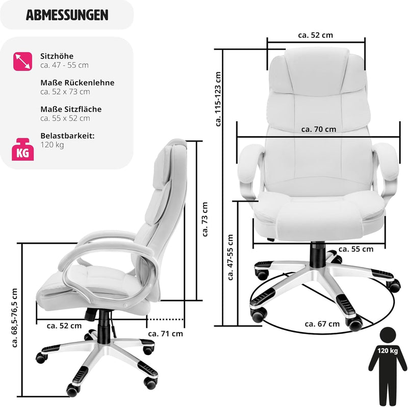 tectake® Chefsessel, Bürostuhl mit 12 cm Polsterung, Schreibtischstuhl mit Armlehnen & Wippfunktion,