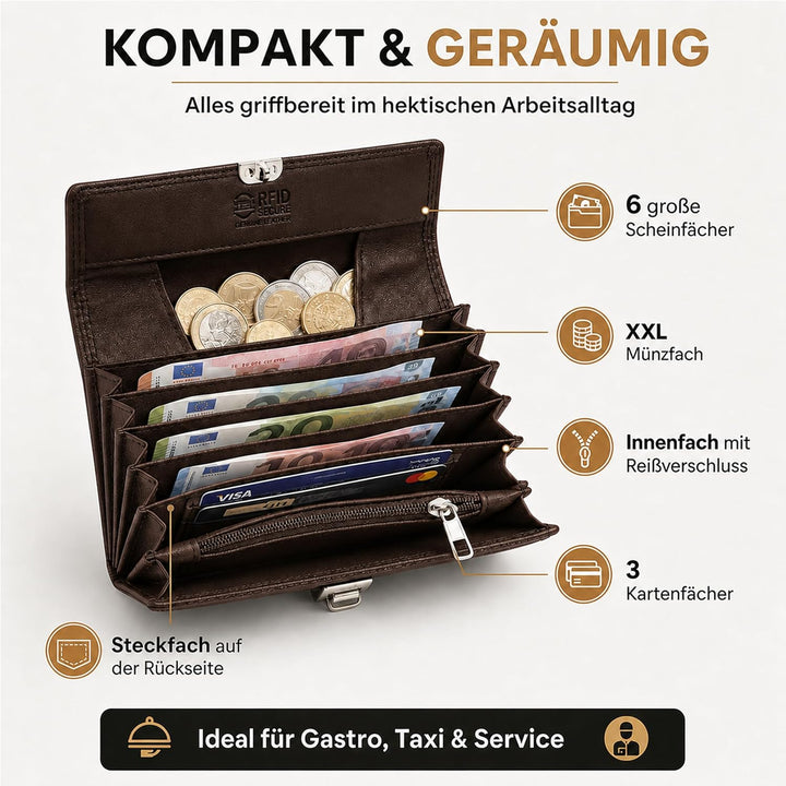 FLEXIBILITE®️Profi Kellner Geldbörse Profi Wasser Büffel [2025] Echt Leder RFID (18,5 x 9,5 x 4,5cm