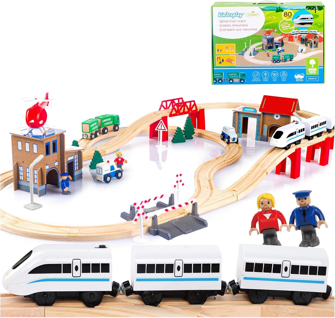 Green series Holzeisenbahn Set für Kinder - Eisenbahn Holz | Spielzeug Zug | Polizeistation, Autobah