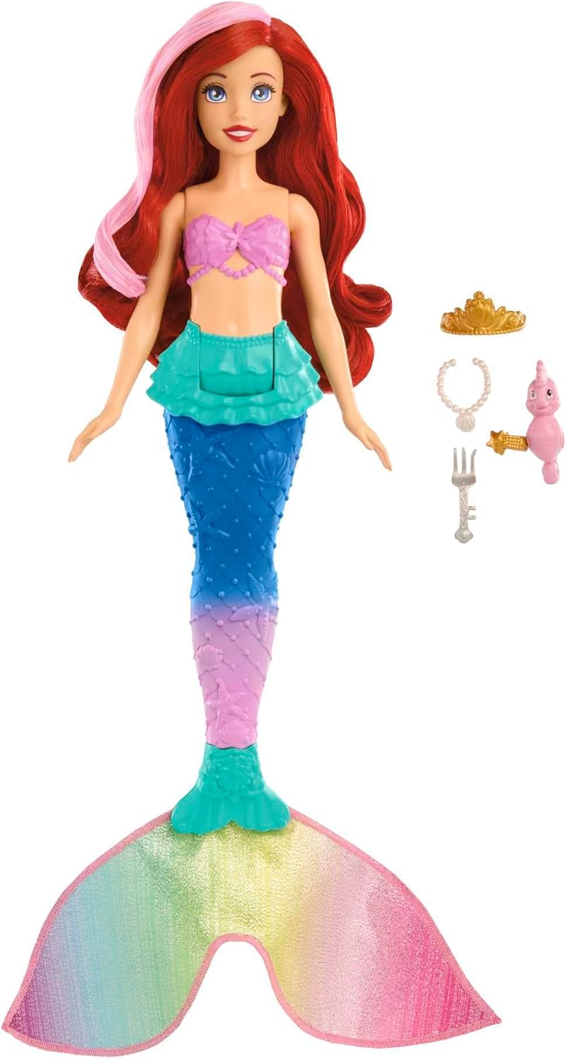 DISNEY Arielle - Meerjungfrauenpuppe mit Farbwechseleffekt, inklusive Seepferdchen-Freund, Diadem, H