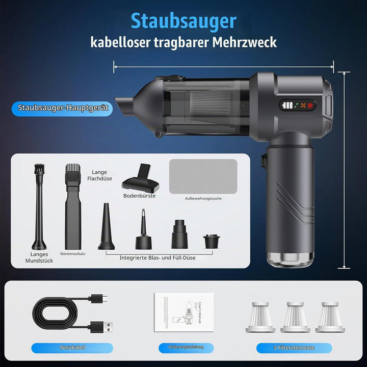 Handstaubsauger, 25000Pa Akku Handstaubsauger Kabellos, 4 in 1 Tragbar Akkustaubsauger mit Automatis