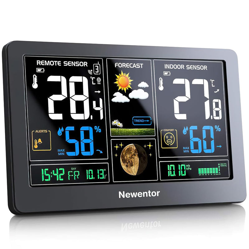 Newentor Wetterstation Funk mit Aussensensor - Funkwetterstation mit Wettervorhersage, Temperaturwar