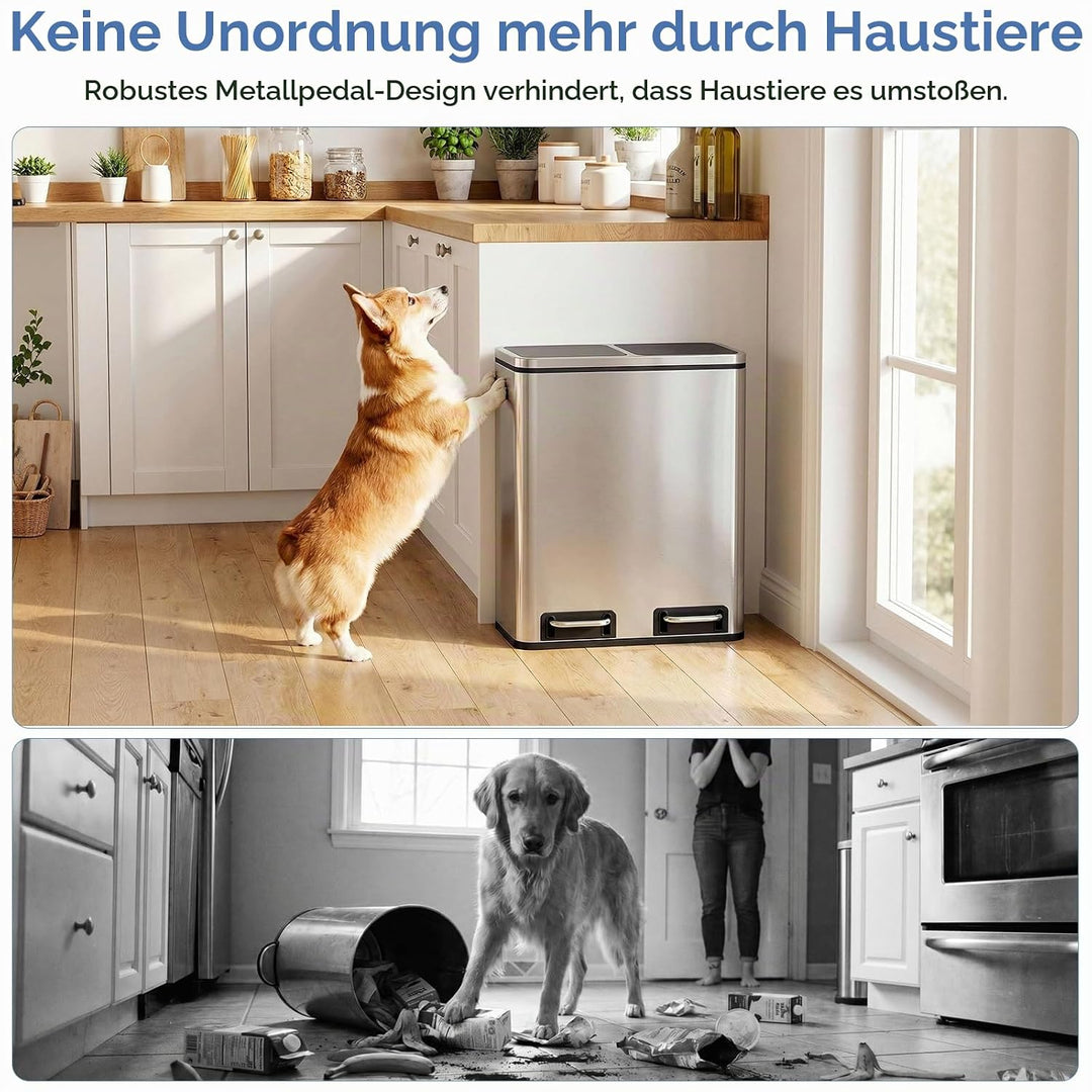 Clevich Mülleimer Küche 2 x 15 Liter, Mülltrennsystem 2 Fächer 30L für Recycling und Abfall, Treteim