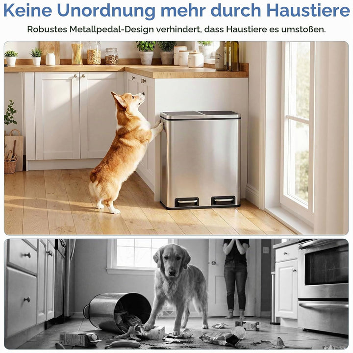 Clevich Mülleimer Küche 2 x 15 Liter, Mülltrennsystem 2 Fächer 30L für Recycling und Abfall, Treteim