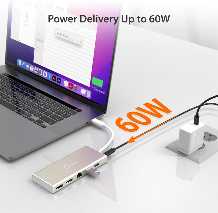 j5create USB-C Dual HDMI Hub - Typ C Dockingstation mit 2X HDMI, 2X USB 3.0, Ethernet, PD 60W Durchg