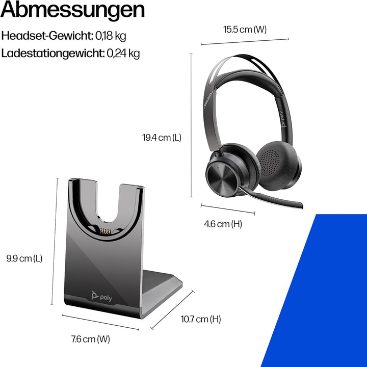 Poly Voyager Focus 2 USB-C Headset mit Ladestation und USB-C/A Adapter – Bluetooth, ANC, Acoustic Fe