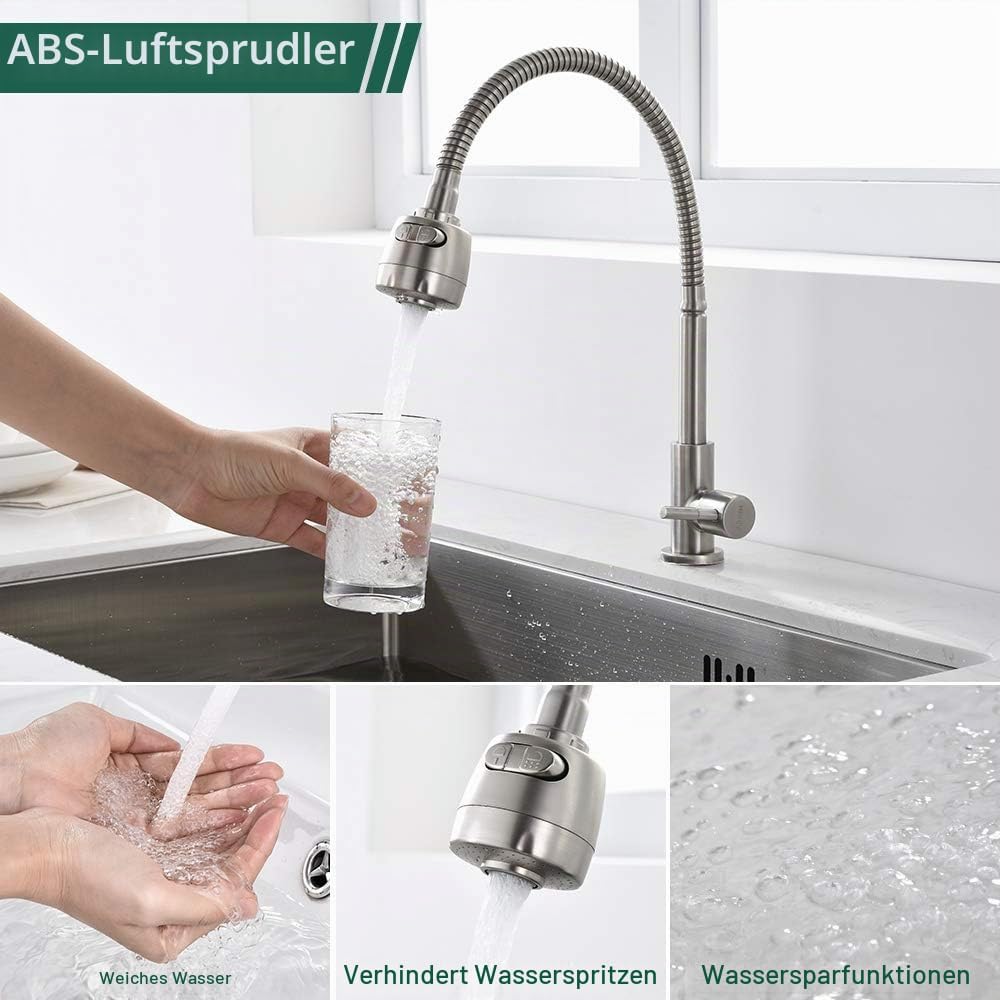 HOMELODY Wasserhahn Küche 360° Schwenkbar nur Kaltwasser 2 strahlarten Kaltarmatur aus Edelstahl Küc