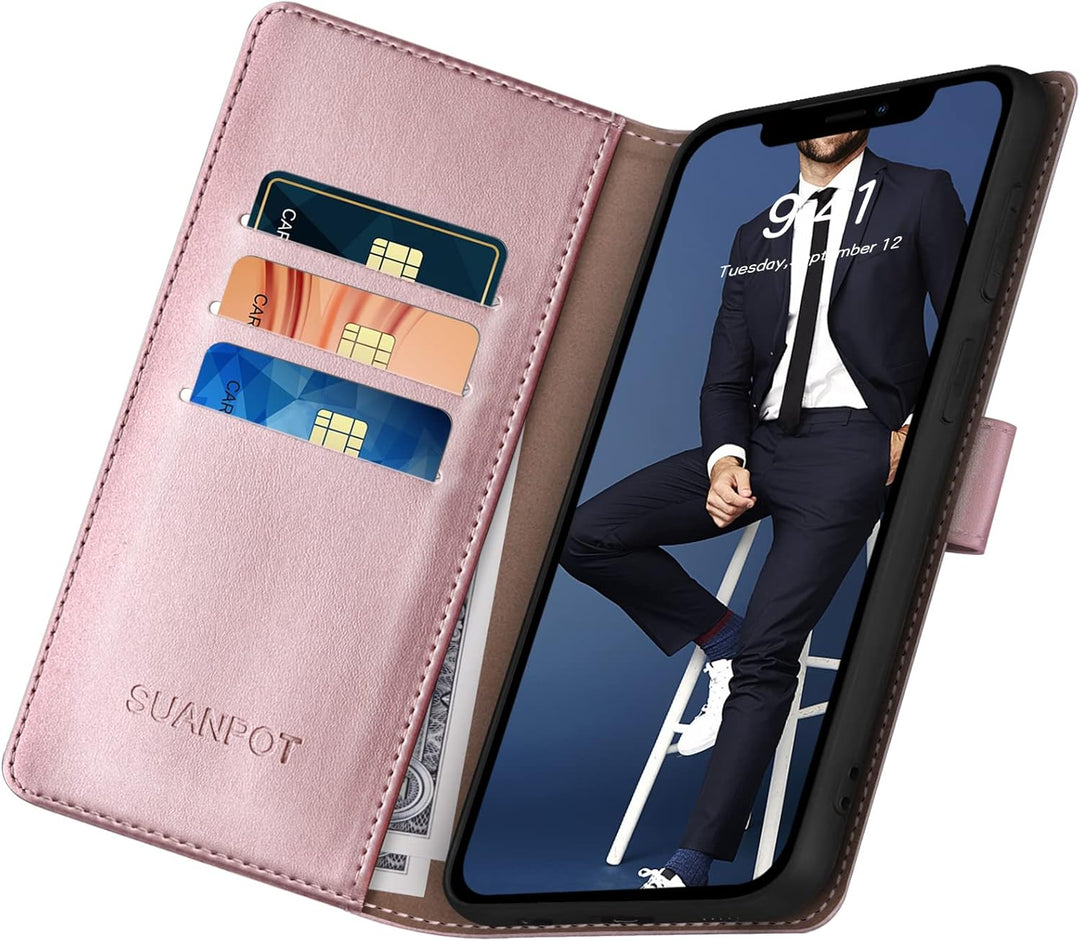 SUANPOT [RFID Schutz für iPhone 14 6.1" Hülle PU Leder Handyhülle Lederhülle Klapphülle Kartenfach F