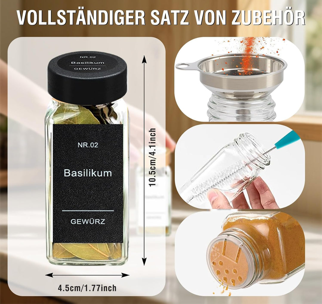 Mocraft 24 Gewürzdosen Eckig Schwarz 120ml, mit 200 Gewürzetiketten Gewürz Organizer 10,5 x 4,5 cm G