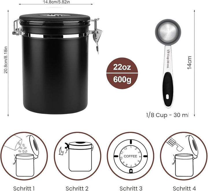 ZONJIE Kaffeedose luftdicht - 2,8L Edelstahl Kaffeebohnenbehälter 1kg Vakuum Kaffeebohnen Vorratsdos