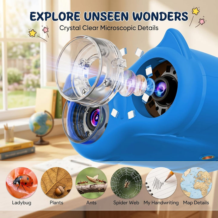2 in 1 Mikroskop für Kinder und Fernglas Kinder, 2,0" IPS HD Mikroskop, 1000x Vergrösserung Teleskop