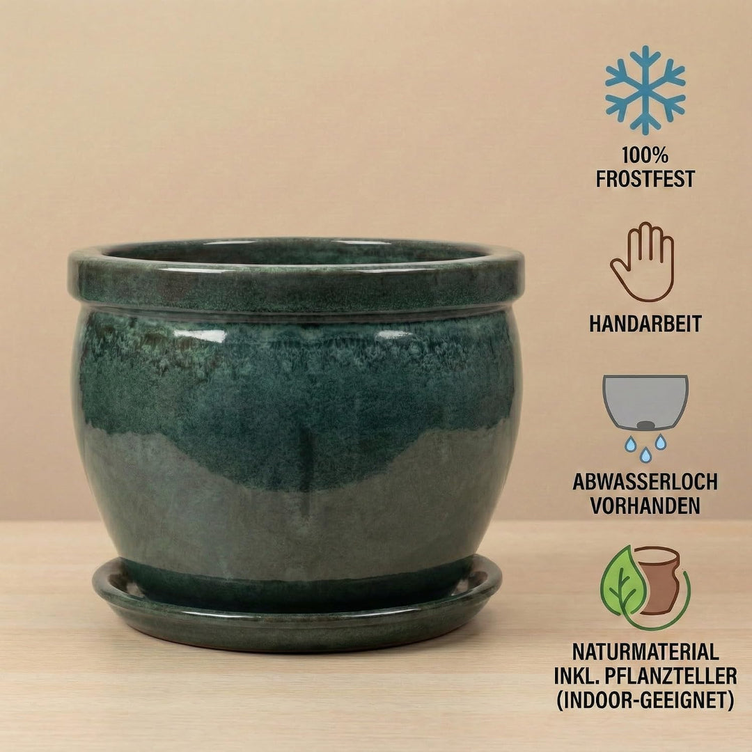 Teramico Blumenkübel Keramik mit Teller Ø 21cm – Handarbeit aus Steinzeug – Frostfester Pflanztopf g