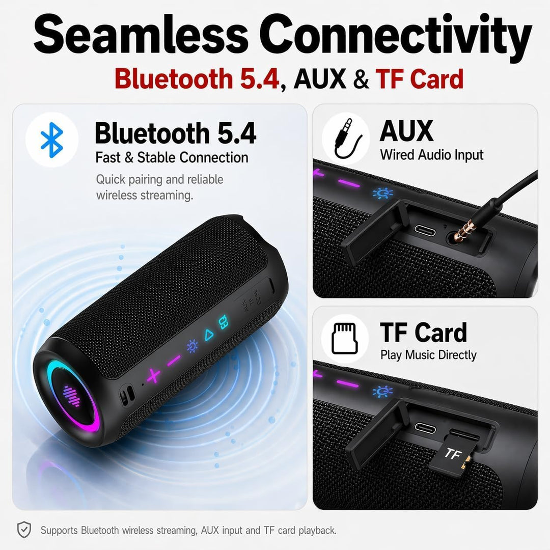 TIMU Bluetooth Lautsprecher mit Licht, Bluetooth 5.4 Musikbox, 25W Dual Lautsprecher, Dualen Bass-Tr
