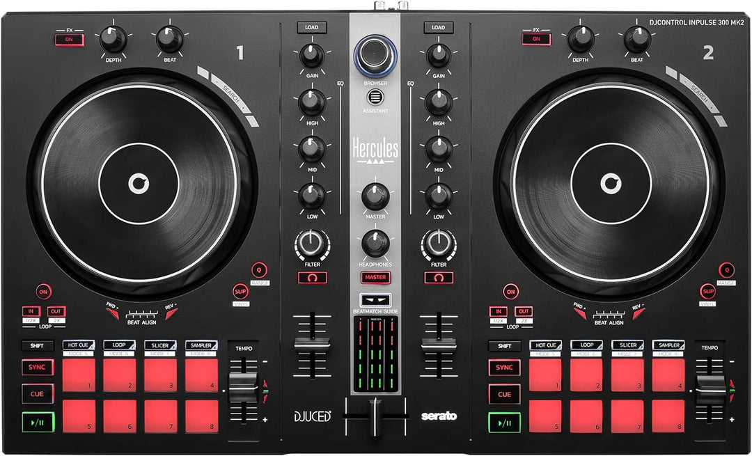 Hercules DJControl Inpulse 300 MK2 – USB-DJ-Controller – 2 Decks mit 16 Pads und eingebauter Soundka