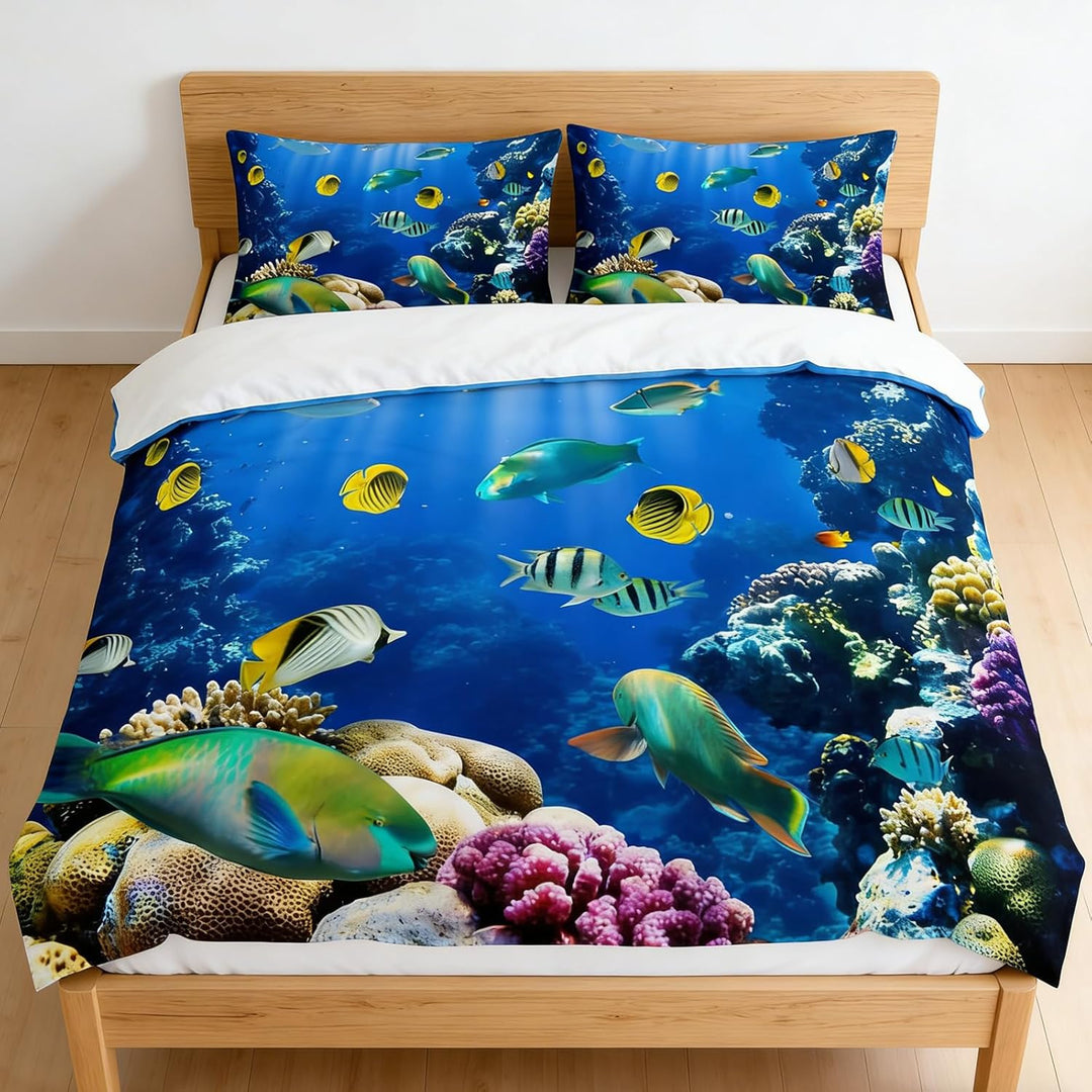 EHAOKK 3D Meer Tier Bettwäsche Set,Delfin,Tropischer Fisch,Korallen,Meeresleben Bettbezug,Blaue Unte