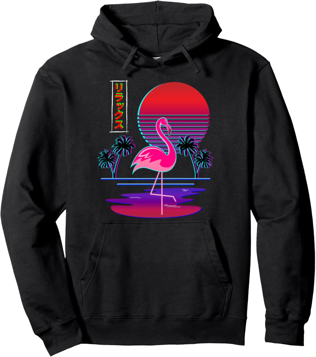 80er Jahre Synthwave Aesthetic Glitch Art Inspired Wading Flamingo Pullover Hoodie