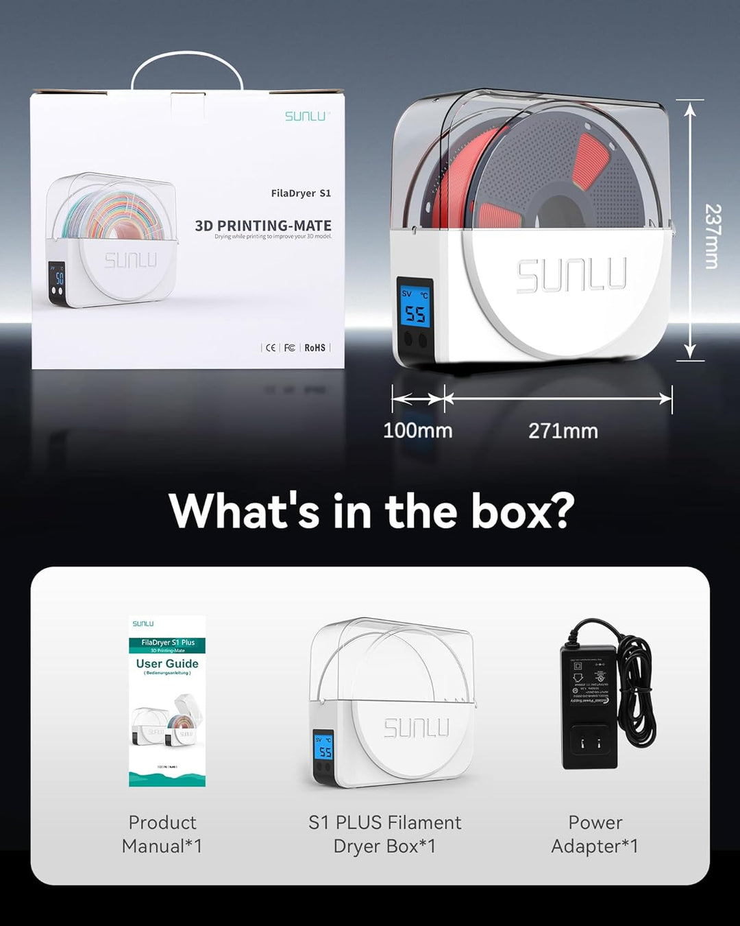 Upgraded Dryer Box of 3D Printer Filament, SUNLU 3D Filament Dryer Box S1, Keeping Filaments Dry Dur