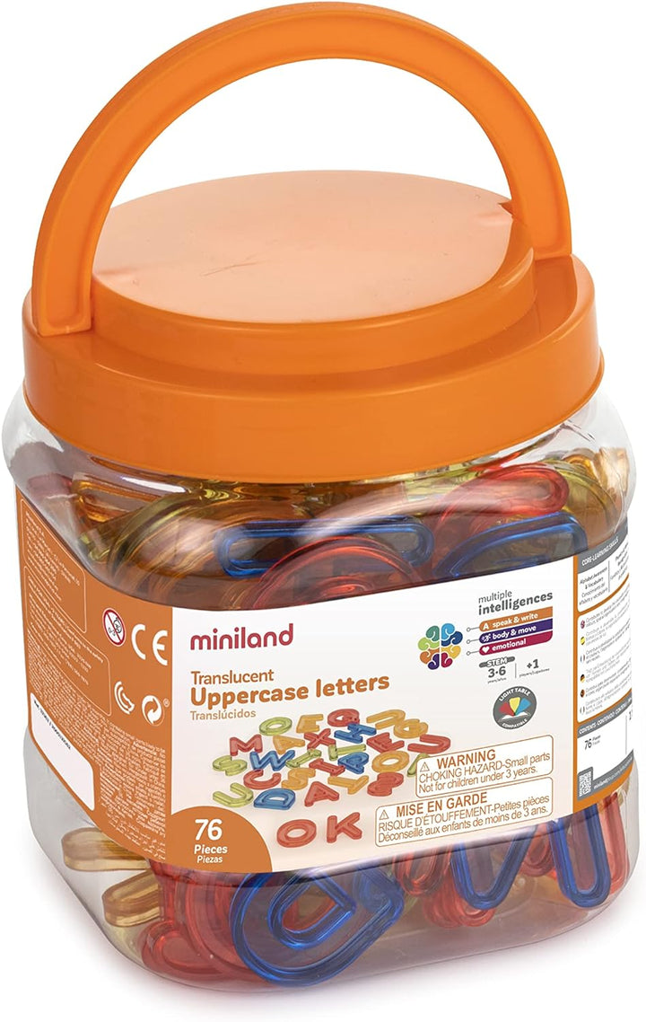 Miniland XML-32169 Transparente Grossbuchstaben 76 Stück für Tischlicht, Mehrfarbig