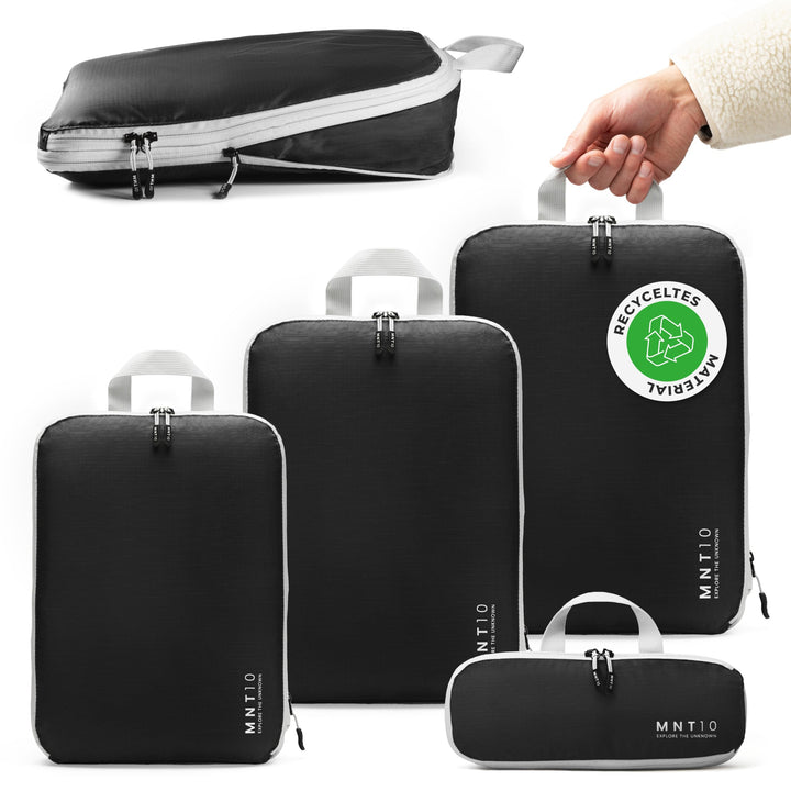 MNT10 Packtaschen recycelt mit Kompression S, M, L, XL I Packwürfel mit Schlaufe als Koffer-Organize