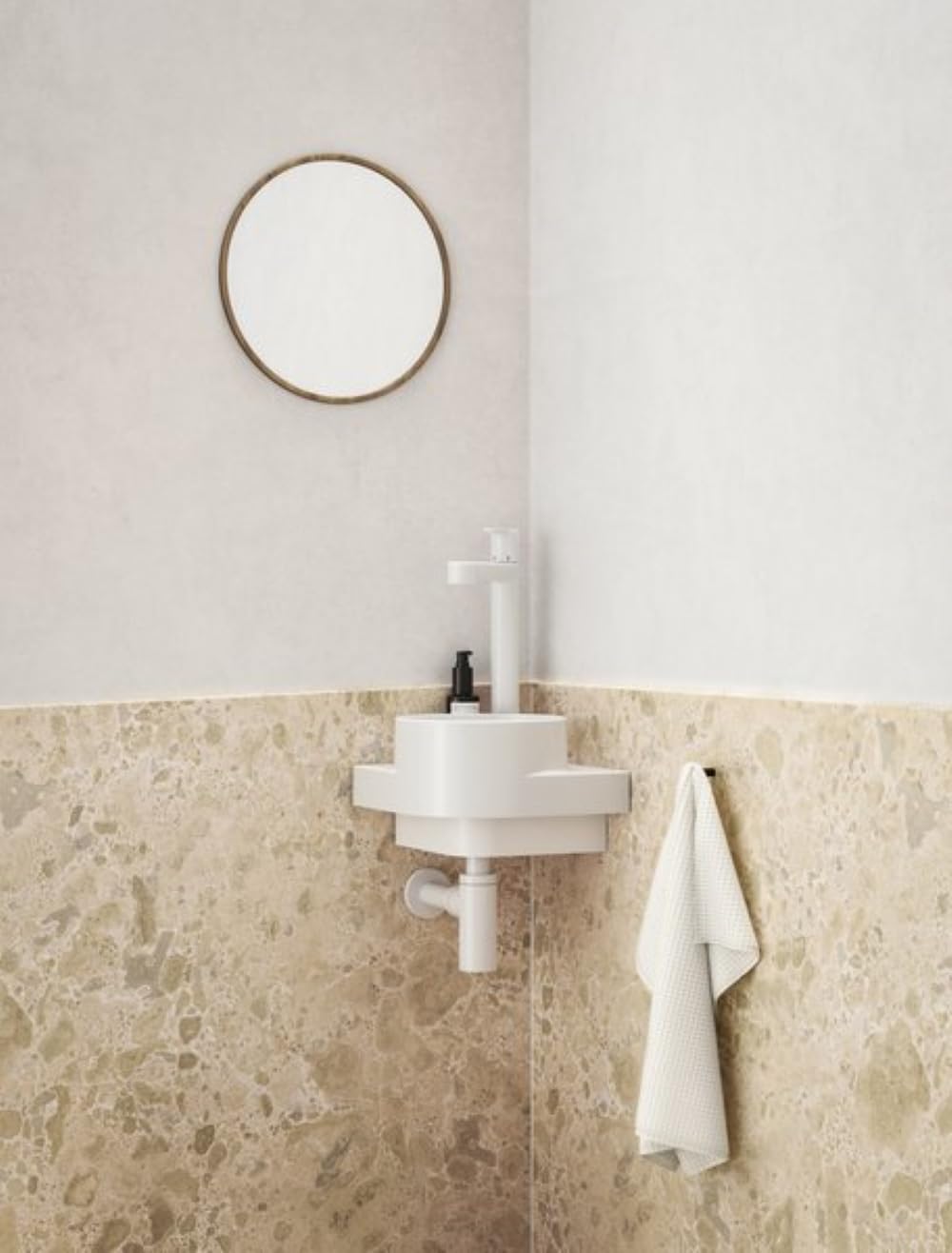 Eckwaschbecken-Set mit Original-Einbauregal und Weiss Zubehör, Eckwaschbecken zur Wandmontage mit Ha