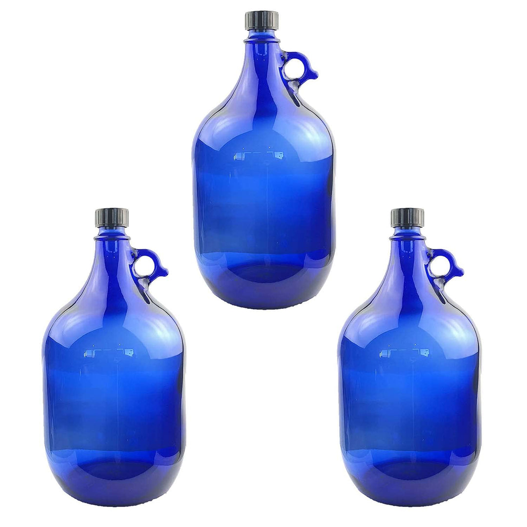 3X Glasballon blau 5 Liter, Henkelflasche aus Blauglas inkl. Handschraubverschluss PP35 (VPE 3 Stück