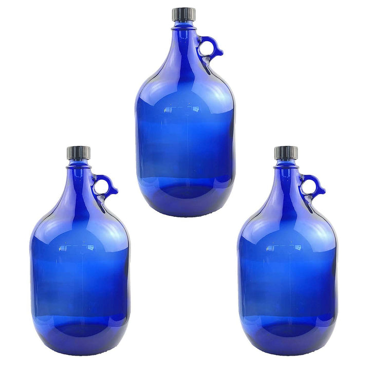 3X Glasballon blau 5 Liter, Henkelflasche aus Blauglas inkl. Handschraubverschluss PP35 (VPE 3 Stück