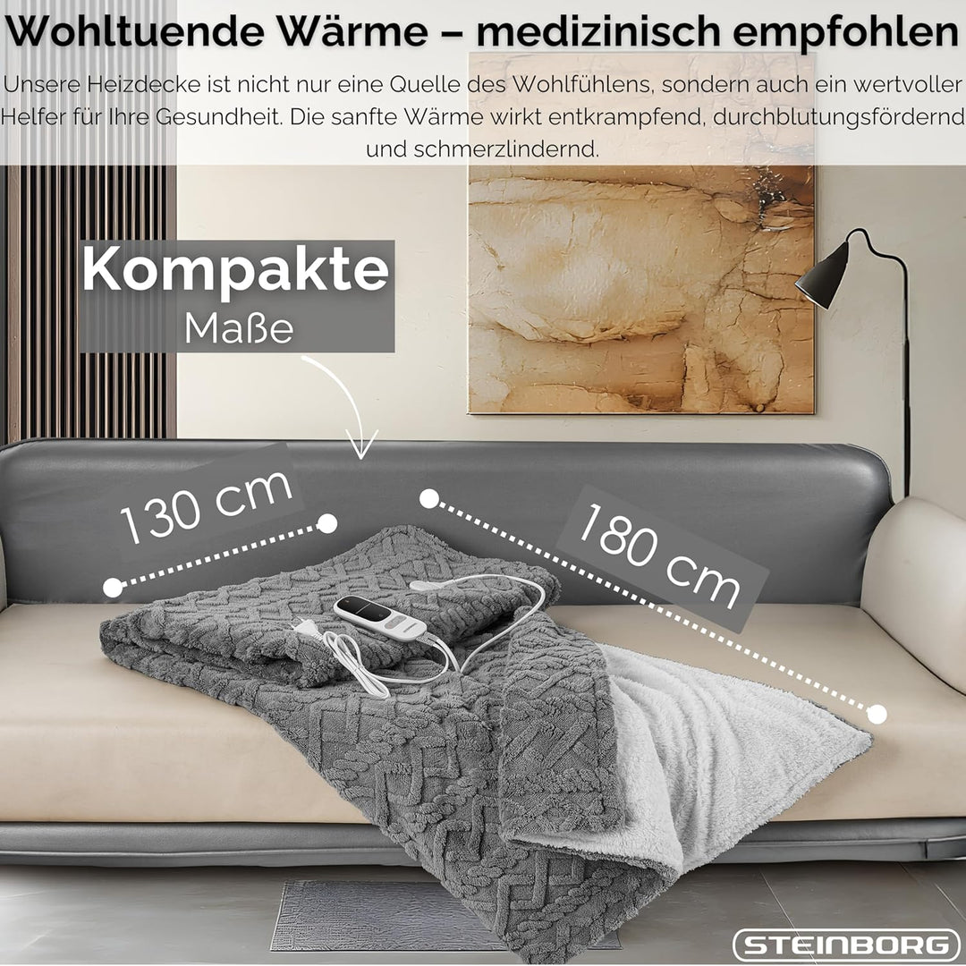 Steinborg® Heizdecke 180x130 cm mit Abschaltautomatik – Elektrische Kuscheldecke für Bett & Sofa, Wä
