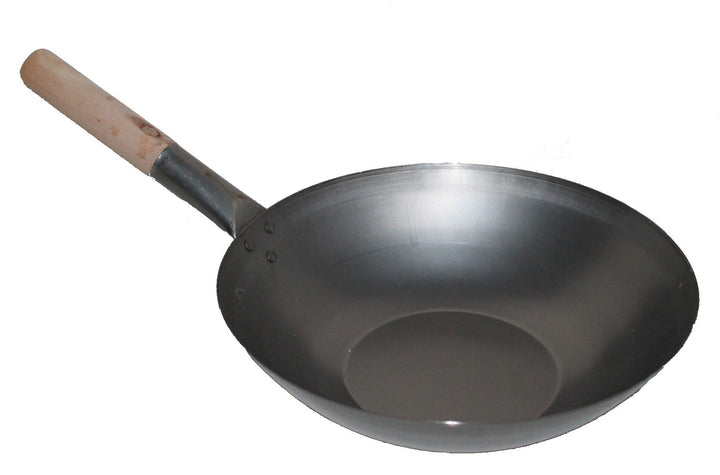 AAF Nommel ®, Wok Pfanne ca. Ø 33 cm flacher Boden für Gas, Induktion, Ceran und Elektro, mit Holzgr