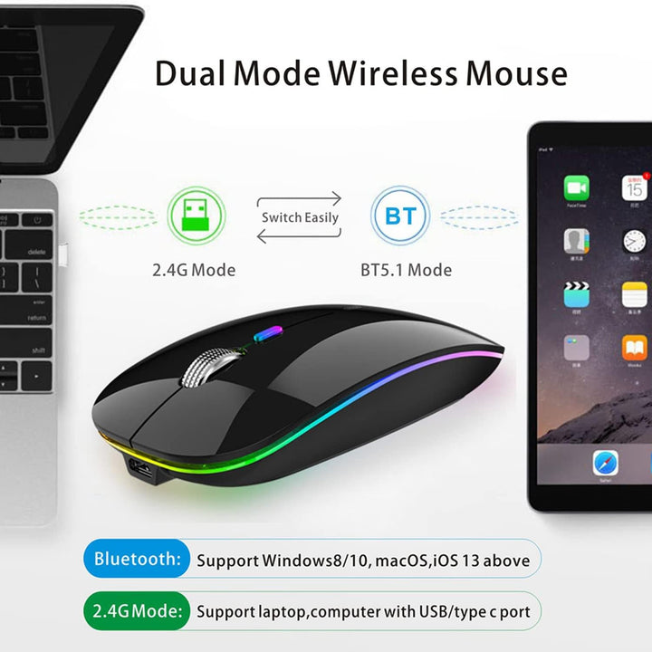 Uiosmuph Bluetooth Maus Kabellose, LED Funkmaus wiederaufladbar Leise Wireless Mouse 2.4GHz Kabellos