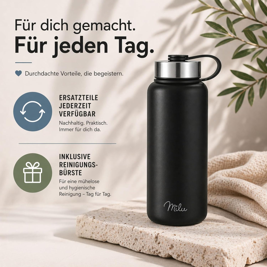 Milu Edelstahl Trinkflasche 500ml, 750ml, 1000ml (+3 Deckel) - Thermosflasche mit Strohhalm, Isolier