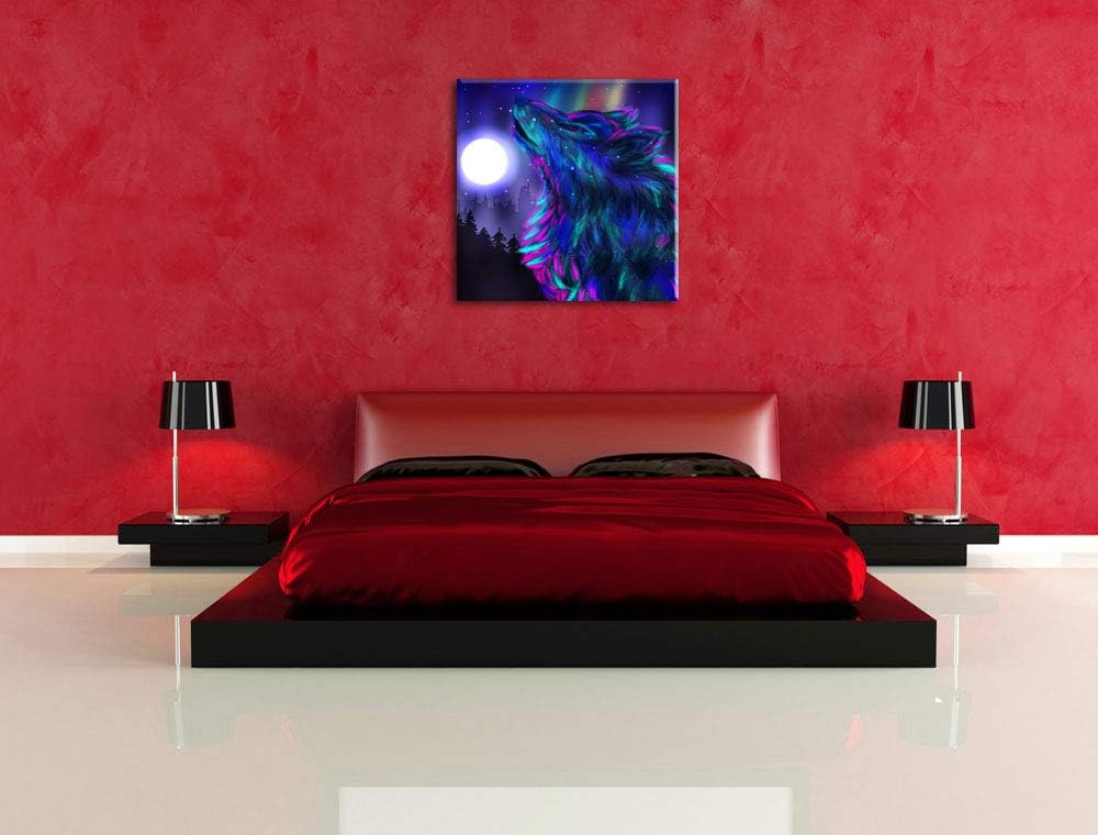 Abstrakter Wolf mit Mond, Format: 70x70 auf Leinwand, XXL riesige Bilder fertig gerahmt mit Keilrahm