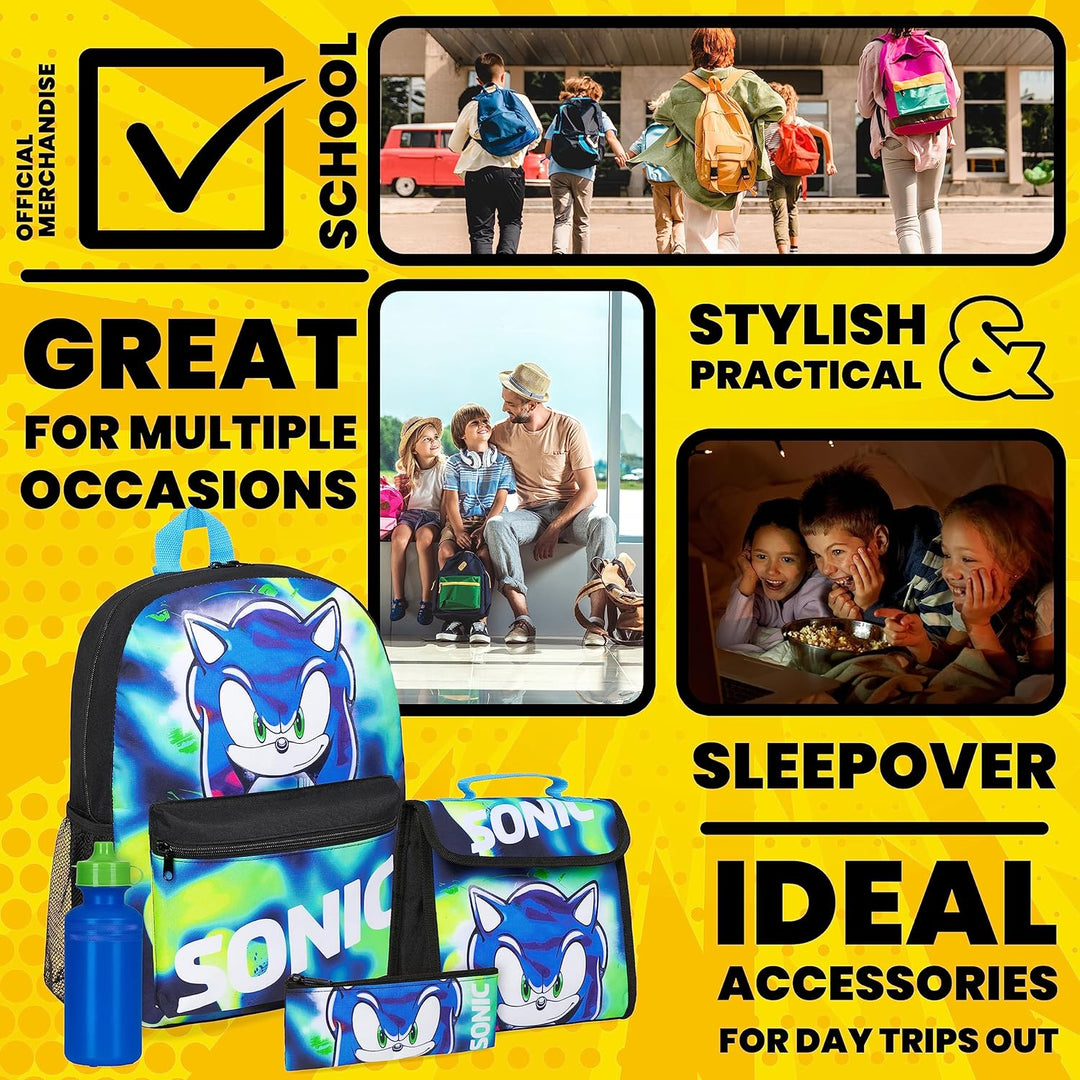 SONIC THE HEDGEHOG Schulrucksack Jungen Set, 4 STK. Rucksack Kinder Set Shadow Knuckles Trinkflasche