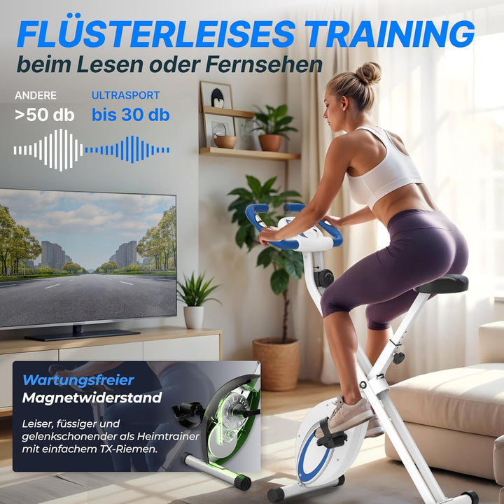 Ultrasport F-Bike, Fahrradtrainer, Heimtrainer, klappbarer Hometrainer, LCD Display, opt. Handpulsse