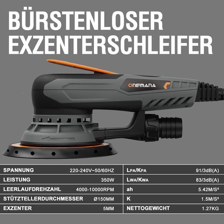 Exzenterschleifer 150 mm, Bürstenloser Exzenterschleifer mit 5,0 mm Exzenterhub, 350W Schleifmaschin
