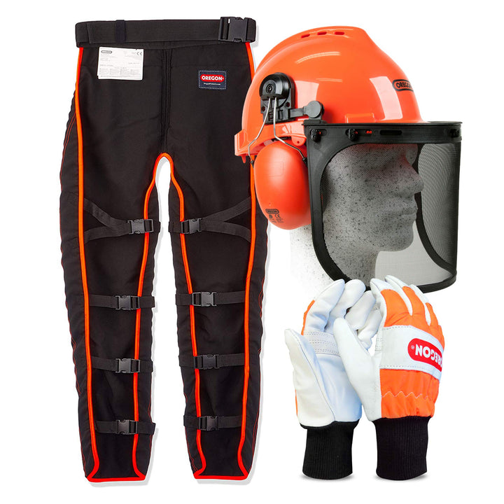 Oregon Typ A persönliche Schutzausrüstung mit universal Schnittschutz Beinlinge, Helm und Handschuhe