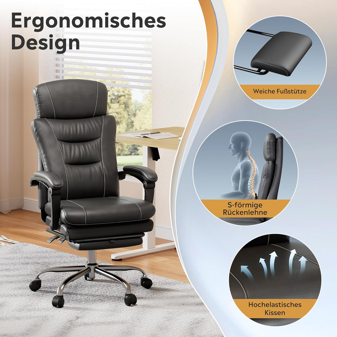 DEVAISE Chefsesse PU Leder, Bürostuhl Ergonomisch mit Fussstütze und Lendenwirbelstütze, Wippfunktio
