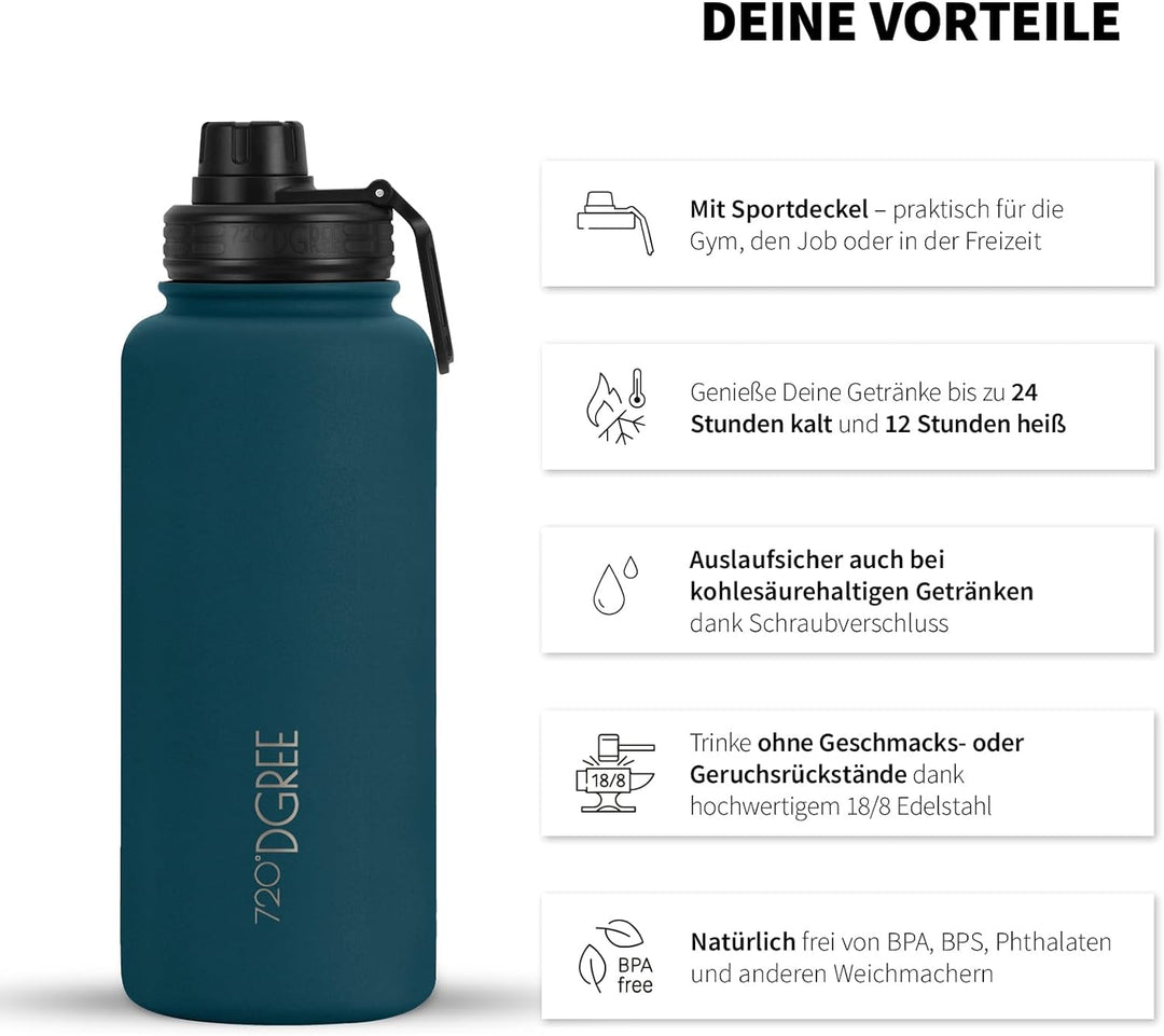 720°DGREE Edelstahl Thermo Trinkflasche 950ml “noLimit” +Früchtebehälter - Auslaufsicher, Kohlensäur