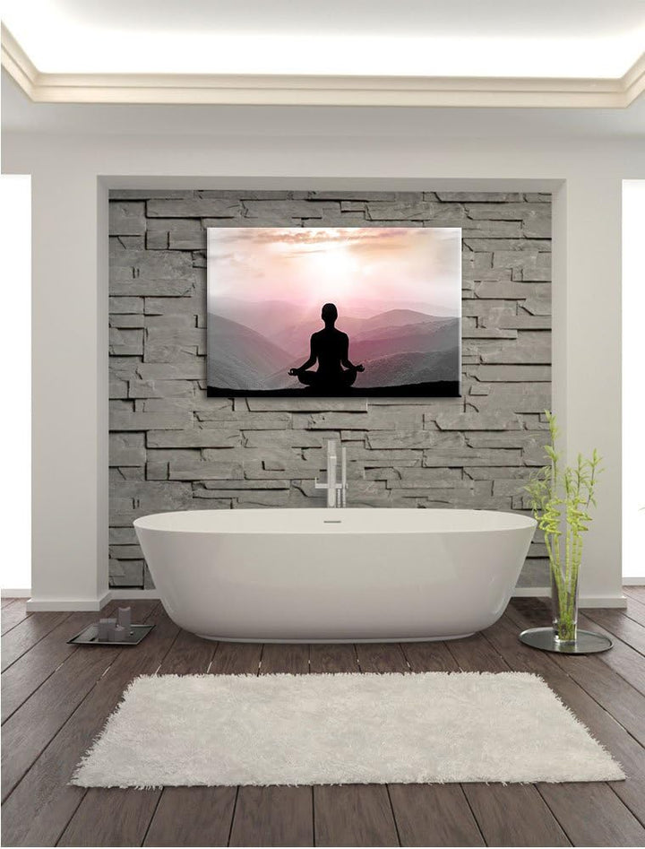 Pixxprint Meditierender Mensch in den Bergen / 100x70cm Leinwandbild bespannt auf Holzrahmen/Wandbil