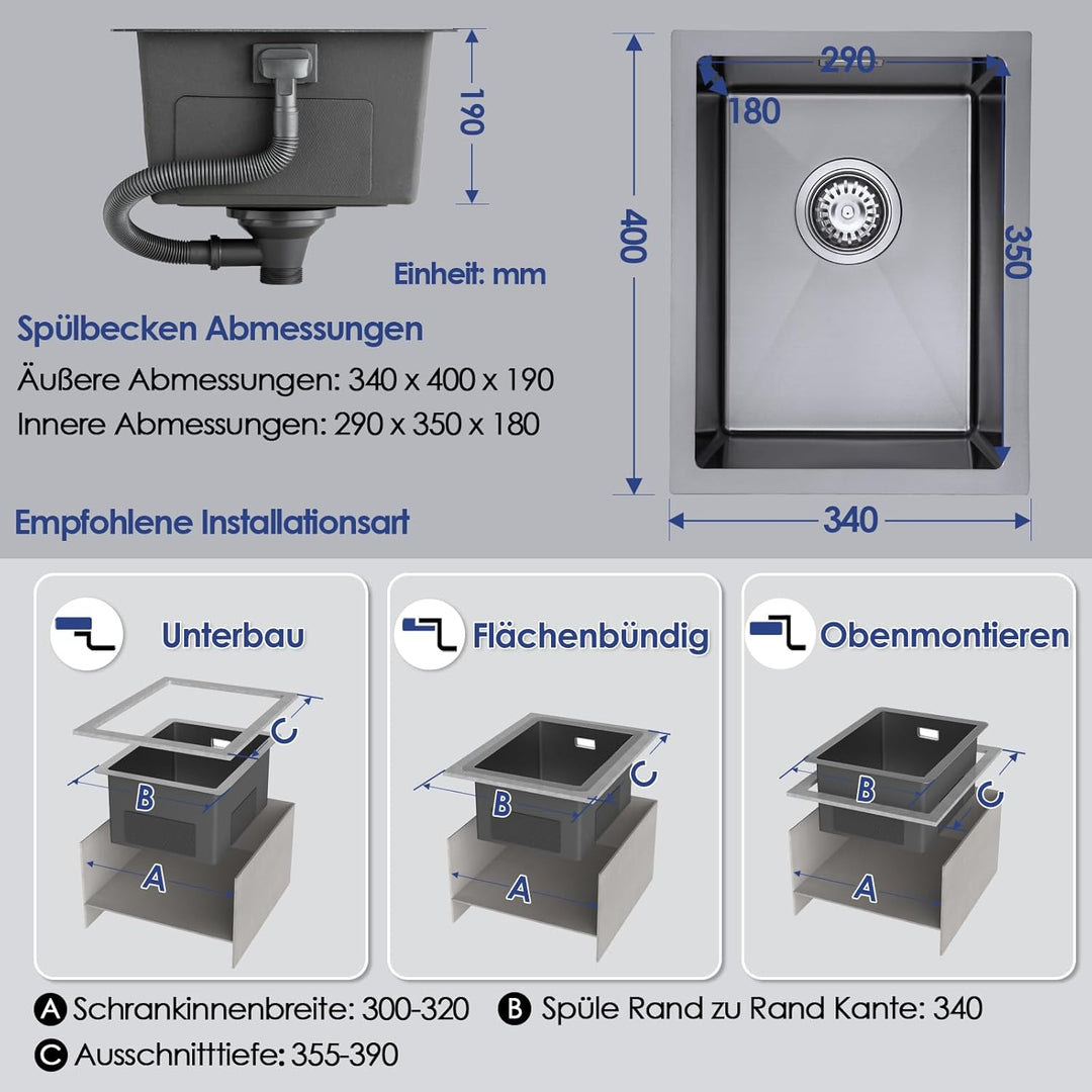 ROVOGO Küchenspüle Unterbau 40 x 34 cm Schwarz, Edelstahl Spülbecken Küche mit Ablaufgarnitur und Üb