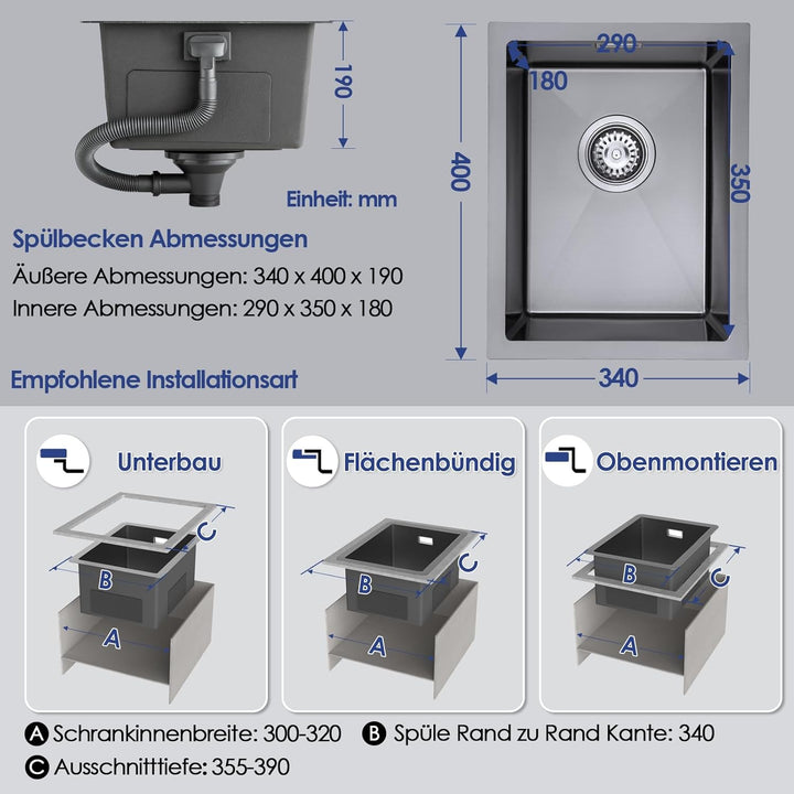 ROVOGO Küchenspüle Unterbau 40 x 34 cm Schwarz, Edelstahl Spülbecken Küche mit Ablaufgarnitur und Üb