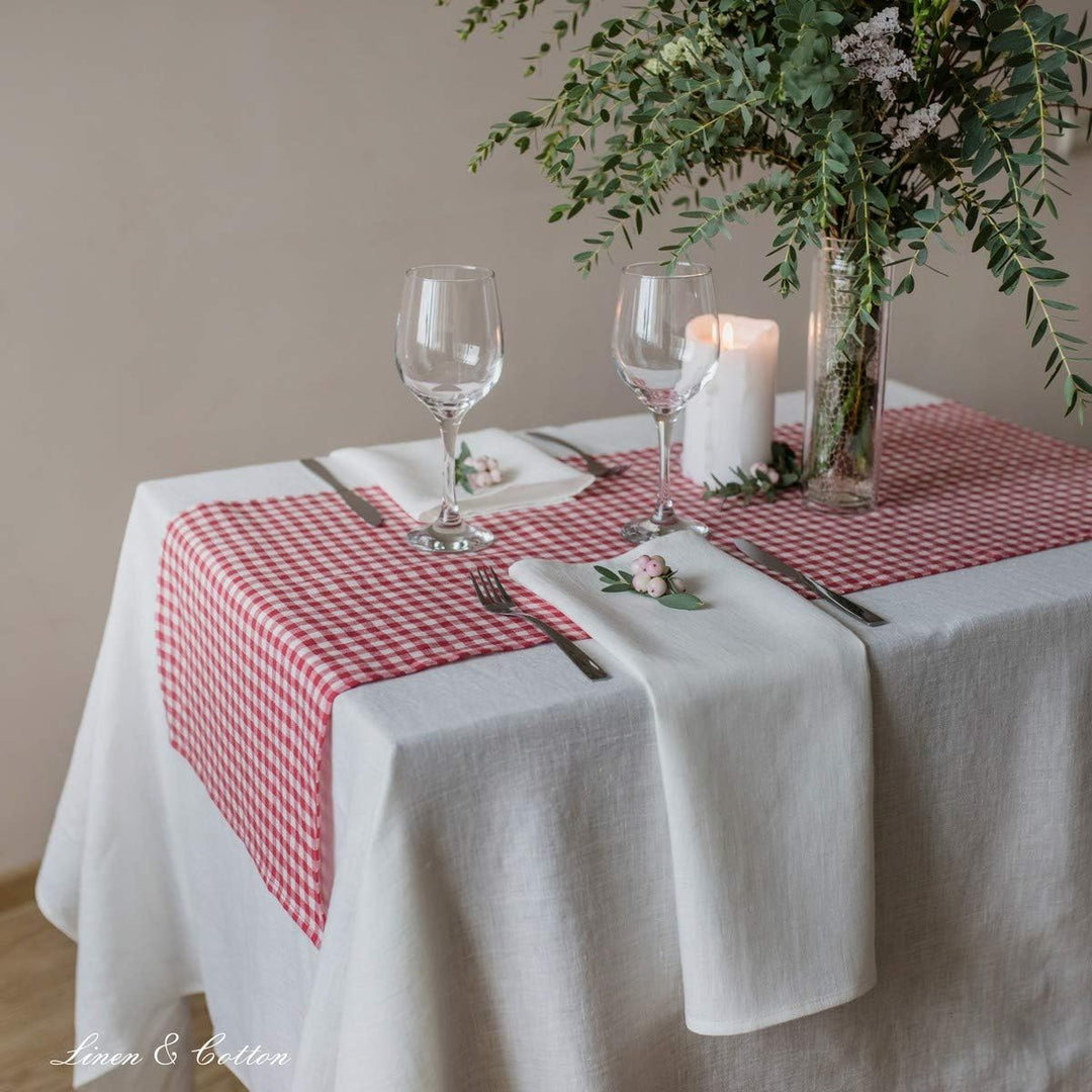 Linen & Cotton Tischläufer Stoff Tischdekoration Tischwäsche Estella - 100% Leinen, Weiss Weiss Rot