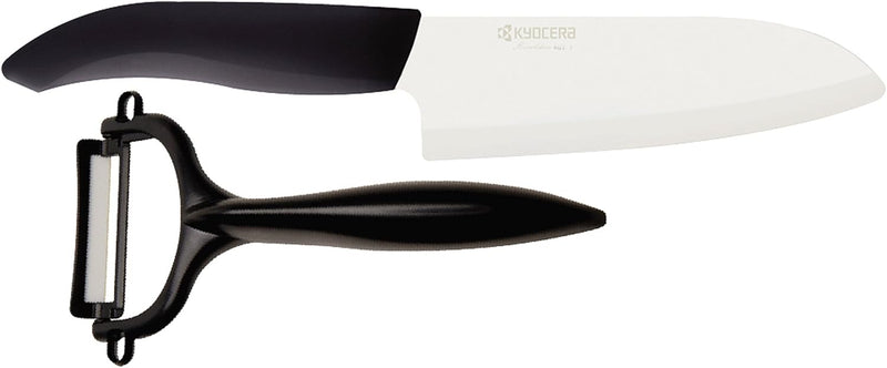 Kyocera Cut&Peel Set, Santokumesser (Klinge: 14 cm) mit Sparschäler, schwarzer Griff Schwarz Cut & P