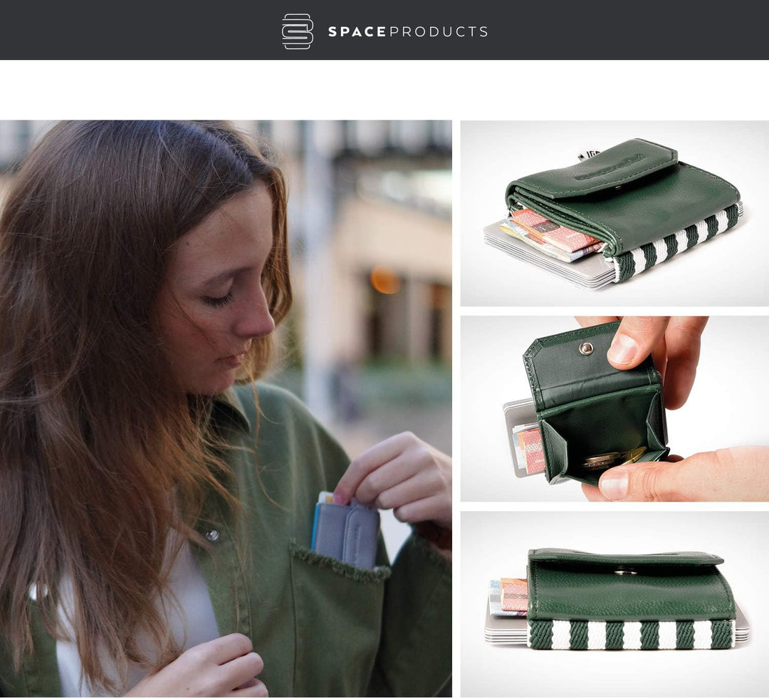 Space Products ® Mini Geldbörse grün-gestreift I Sehr kleines Echtleder Wallet/Portemonnaie mit Münz
